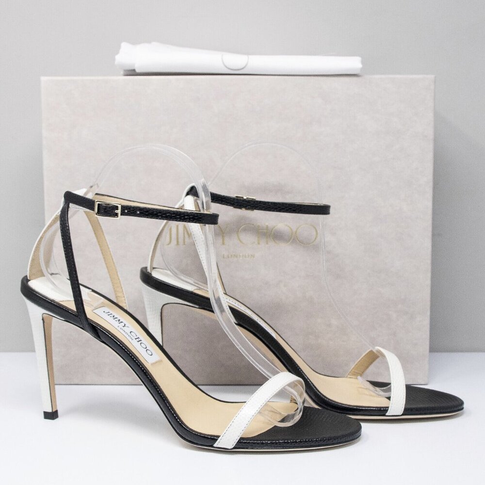 Jimmy Choo Minny 85 Black/White Leather Sandals (Multiple Sizes)